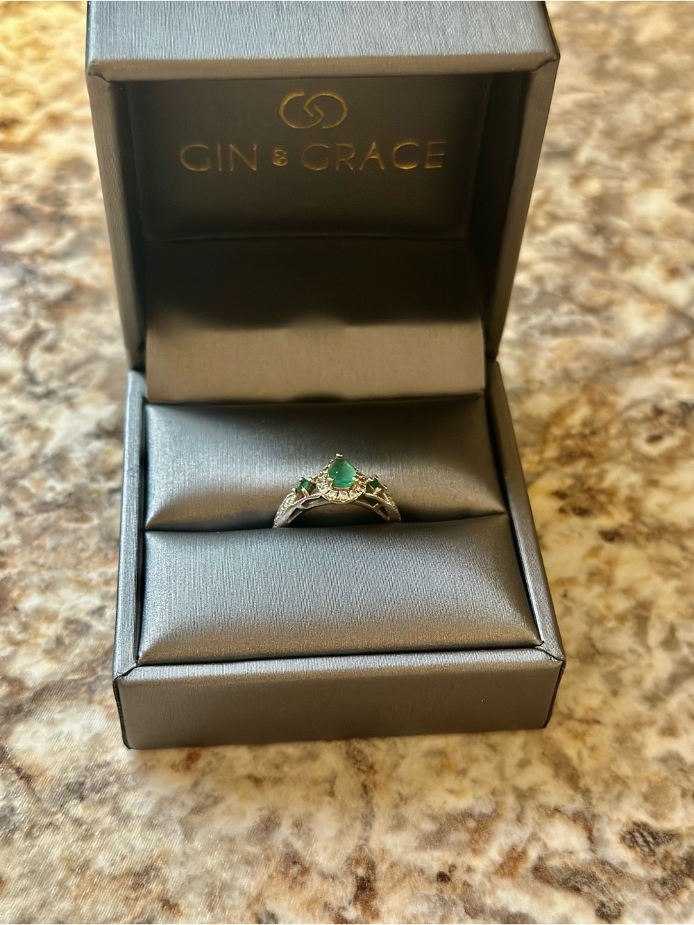 Gin & Grace: 14K White Gold Pear Cut Emerald Ring